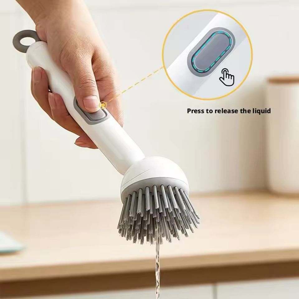 Kitchen Cleaning Adjustable Handle Brush With Soap Dispenser Refillable PET Portable Head For Dishes Pans Pots (Random Colour)